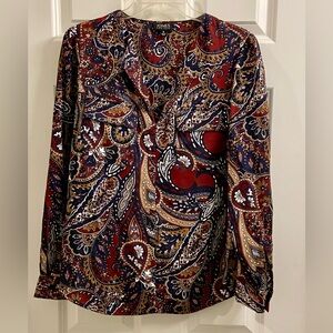 Women’s Jones New York Paisley Blouse Shirt Red Navy Tan Medium